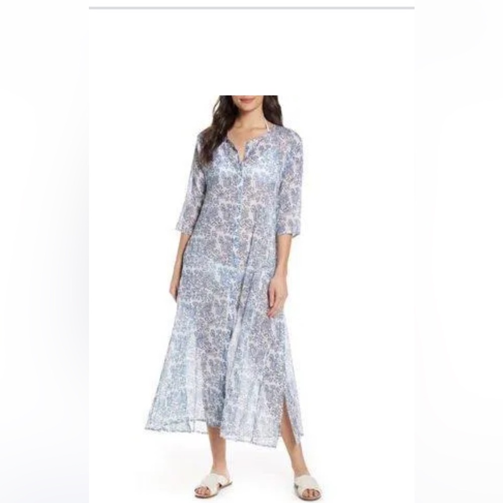 Roberta Roller Rabbit Gray and White Cotton Cover Up Kaftan Maxi Dress XL